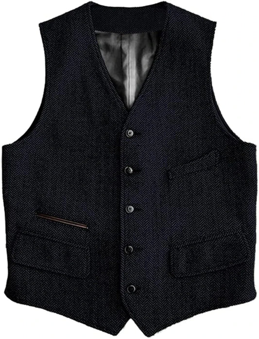 Men's Herringbone Suit Vest – Classic V-Neck Waistcoat for Smart Casual & Wedding Occasions