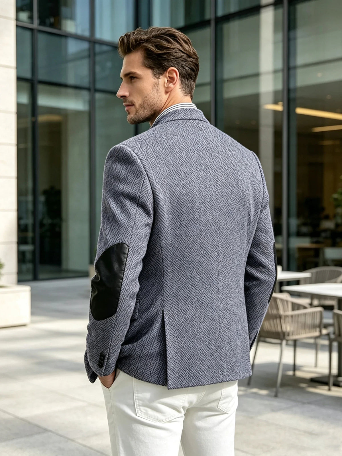 Vintage Men's Mandarin Collar Herringbone Tweed Blazer with Leather Elbow Patch Wool Blend Business Casual Slim Fit Suit Jackets
