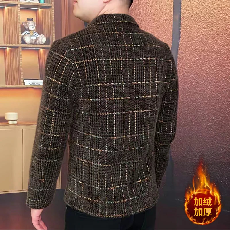 Winter Fleece Warm Suit Jacket for Men Fashion Plaid Slim Fit Casual Business Blazers Street Wear Social Jackets Men Clothing