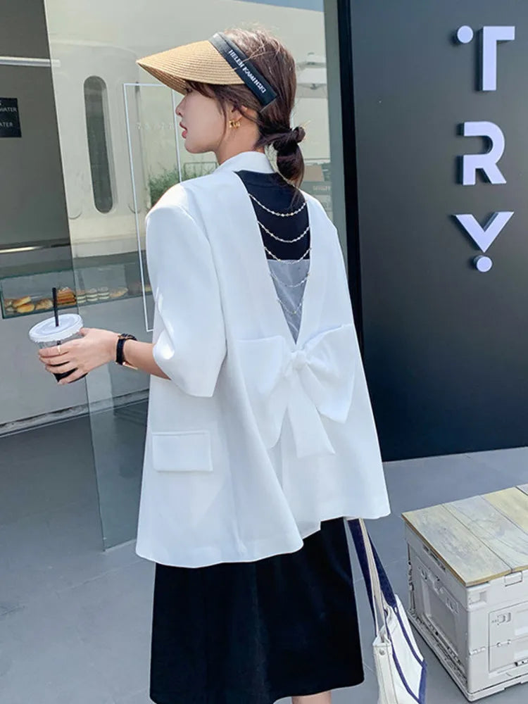 Summer New Women's Blazer Short Sleeves Back Bowknot Chain Niche Design Elegant High-end Sweet Ins Chic Tide Jacket HK14700