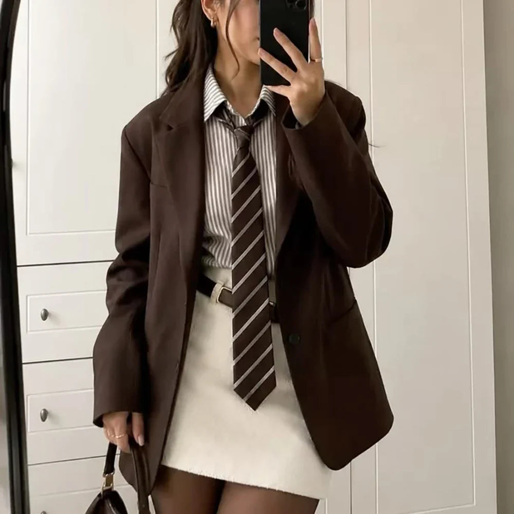 Youthful Women Brown Suit Single Breasted Notched Lapel Jacket Skirt Set Casual Office Streetwear Lady 2 Pieces Outerwears