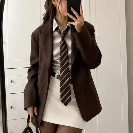 Youthful Women Brown Suit Single Breasted Notched Lapel Jacket Skirt Set Casual Office Streetwear Lady 2 Pieces Outerwears