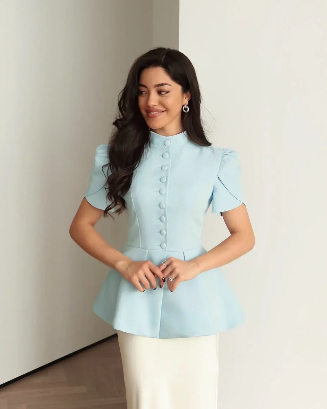 Women's 2025 Autumn New Fashion Fashion Blazer Jacket Stand Collar Button Front Solid Color Slim Fit Short Sleeve Waist Design