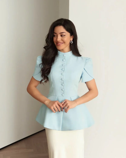 Women's 2025 Autumn New Fashion Fashion Blazer Jacket Stand Collar Button Front Solid Color Slim Fit Short Sleeve Waist Design