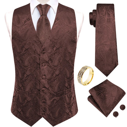 Men's V-Neck Vest 5-Piece Matching Set Coffee Paisley for Banquet & Anniversary