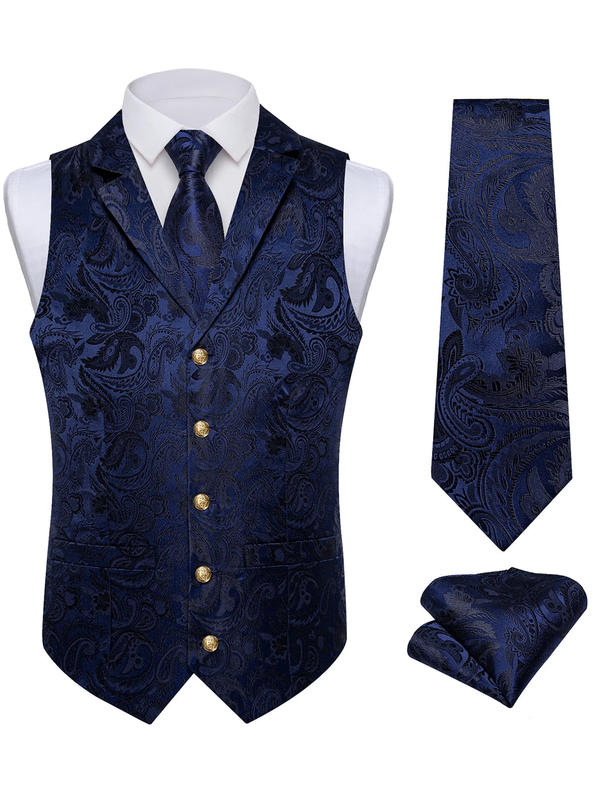 Men's Formal Vest Set with Paisley Pattern, Tie, Pocket Square & Cufflinks for Party & Events