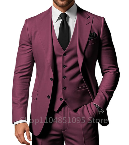 Costume de Mariage Homme Formel Solide - Marié, Garçon d'Honneur, Fête, Bal, Affaires, Bureau - Ensemble 3 Pièces : Blazer, Gilet, Pantalon