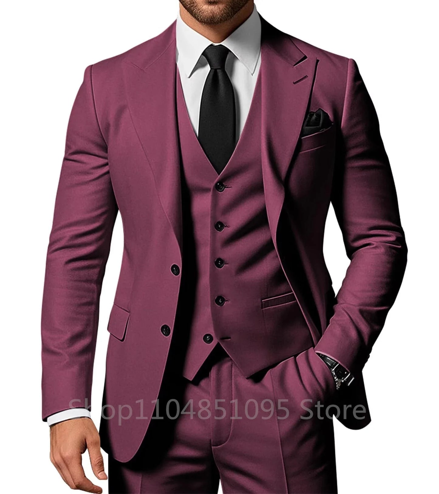 Costume de Mariage Homme Formel Solide - Marié, Garçon d'Honneur, Fête, Bal, Affaires, Bureau - Ensemble 3 Pièces : Blazer, Gilet, Pantalon