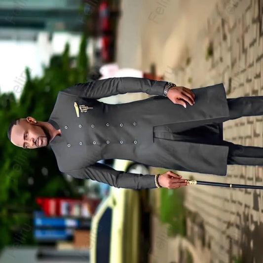 Classic Dark Grey Slim Fit Men's Suit Double Breasted Wedding Tuxedo Groom Blazer Best Man African Wedding Attire