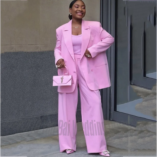 Oversized Double Breasted Women's 2 Piece Suit Notched Lapel Daily Office Wedding Guest Street Elegant Female Outfit Set