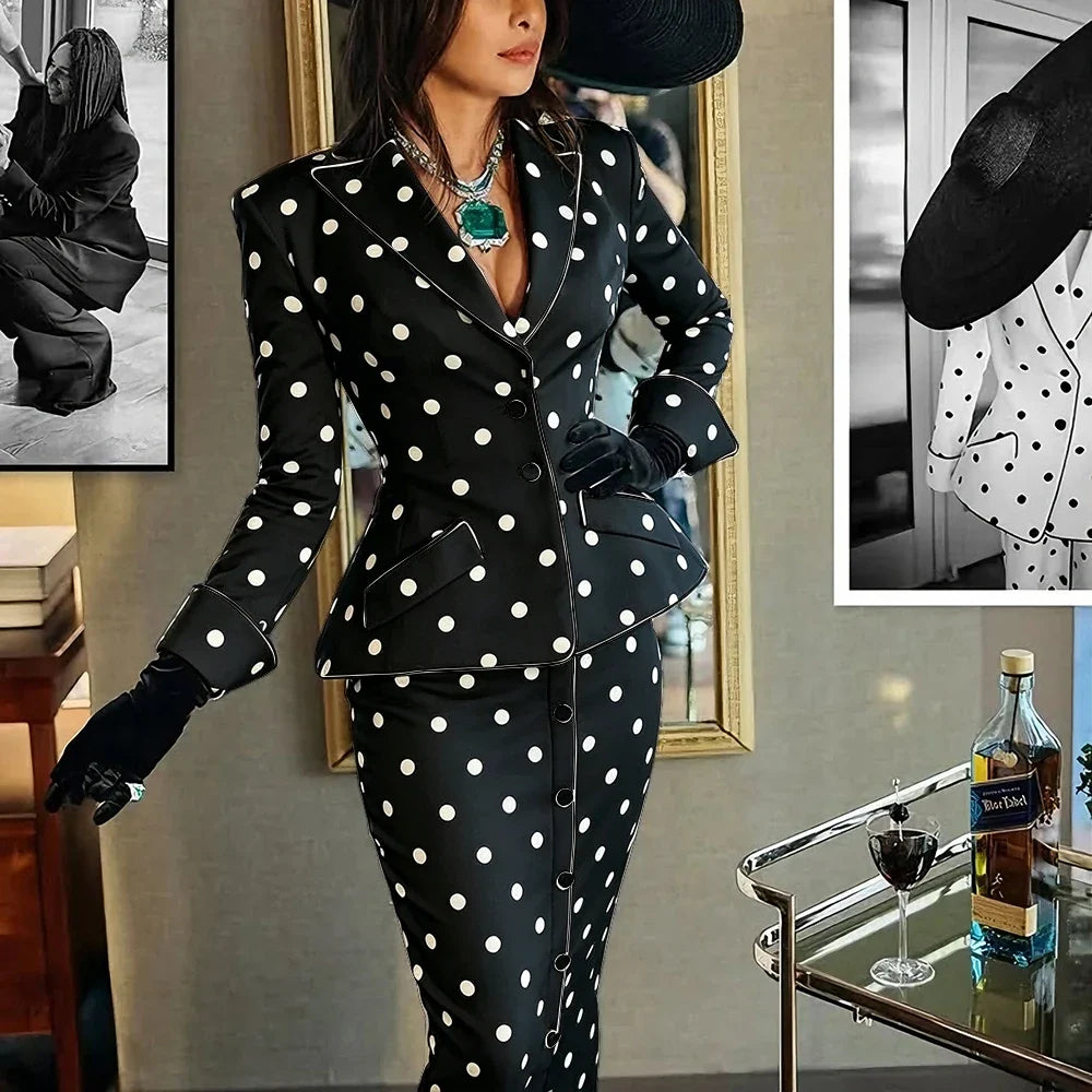 Elegant Polka Dot Woman Clothes Professional Two Piece (Jacket+Skirt) Set for Retro Formal Party Cocktail Evening Streetwear