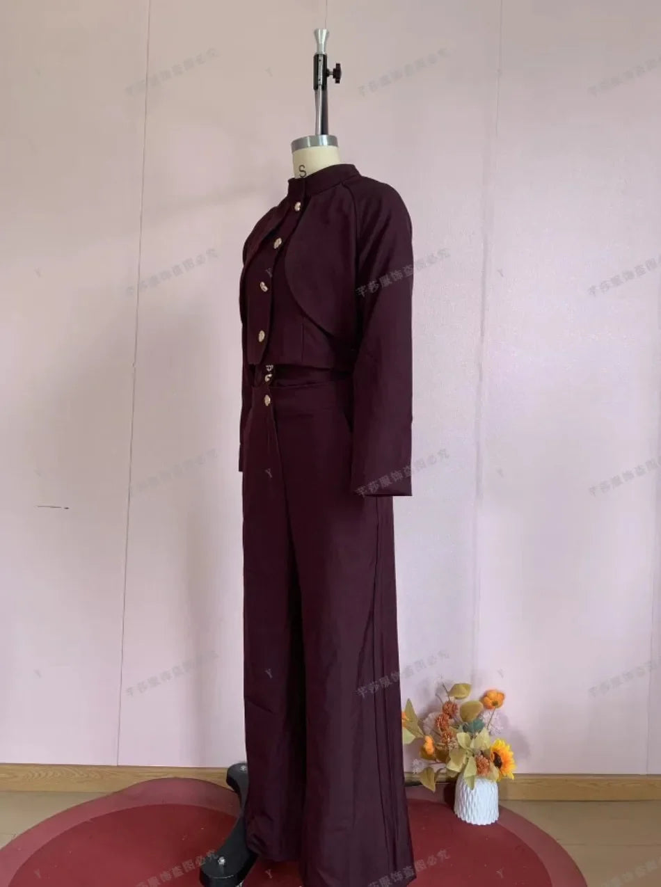 Casual Denim Pants Suits Women Slim Short Sleeves Stand Collar Waist-cinching Tops Wide-leg Trousers 2026 New Lady Spring Outfit
