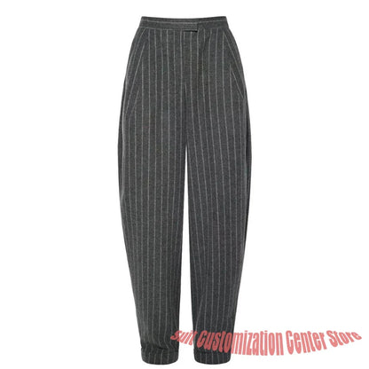 Luxury Women's Dark Gray Woolen Pinstripe Clothes Double-Breasted 2 Piece(Jacket+Pants) Suit Set Formal Evening Party Outerwears