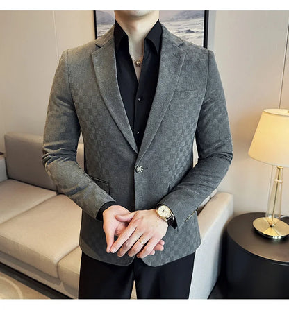 2024 Spring Plaid Blazers Men Single Breasted Casual Business Suit Jacket Fashion Slim Social Banquet Wedding Groom Dress Coats