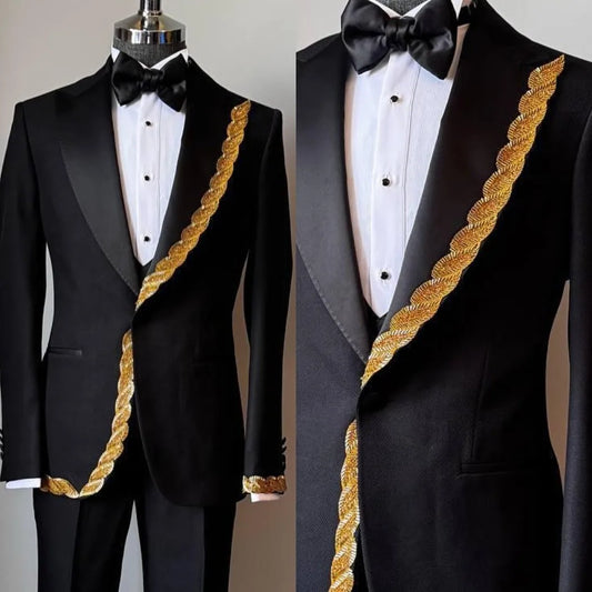 Leisure Men's Suit 2 Pieces Blazer Pants Bow Collar Peaked Lapel Beads Appliques Wedding Work Business Formal Costume Size Color
