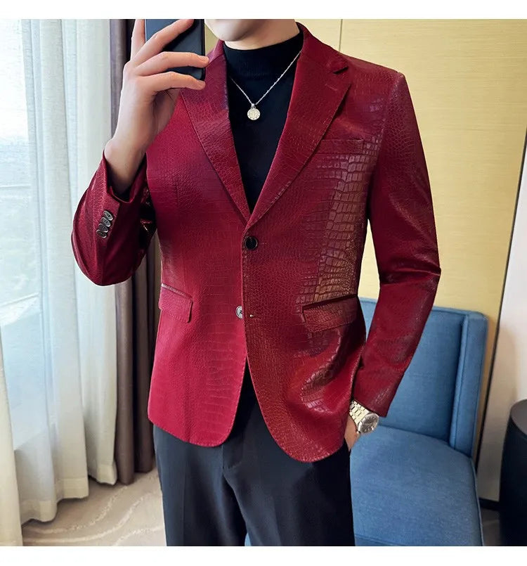 2026 Crocodile Patterned Leather Suit Jacket Men Slim Fit Business Casual Leather Jacket Wedding Groom Party Work Men Blazers