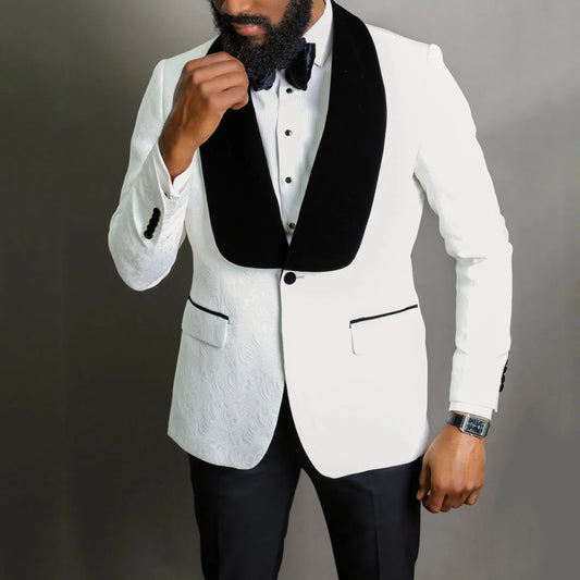 Men Suit 2 Pieces White Floral With Black Lapel Single Button For Wedding Birthday Banquet Business Party Work Jacket And Pants