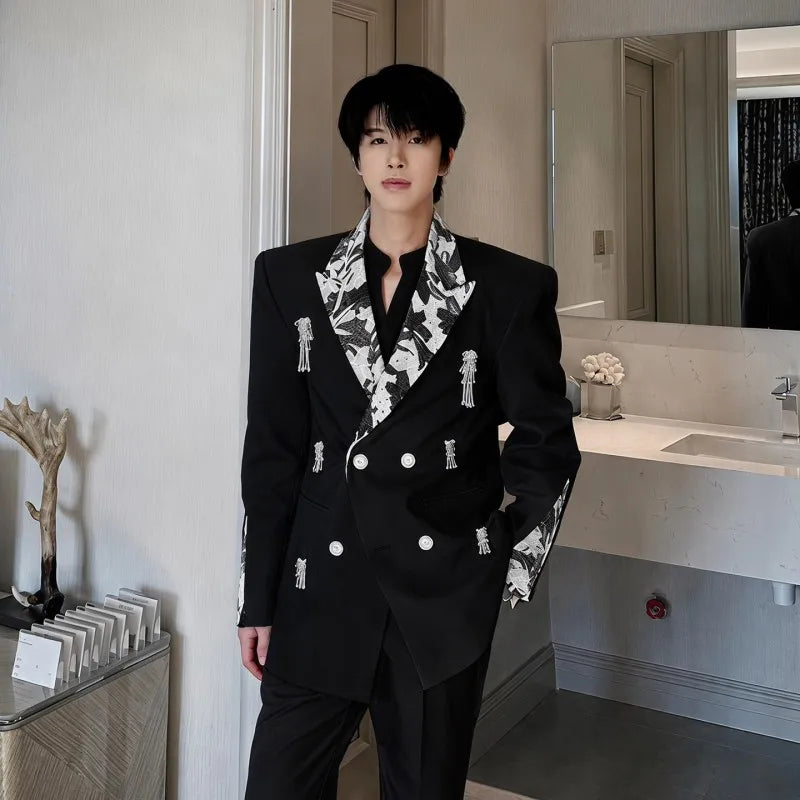 Business Men Work Suit Diamond Tassel Flower Collar Double Breasted Blazer Pants Three Piece Set Loose Fit Gown Dress Suit Sets