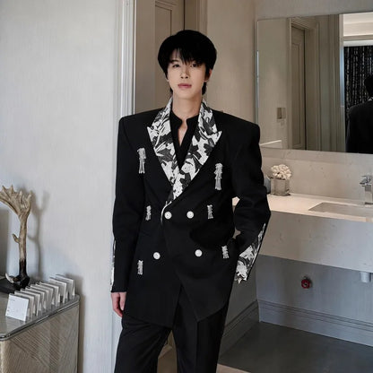 Business Men Work Suit Diamond Tassel Flower Collar Double Breasted Blazer Pants Three Piece Set Loose Fit Gown Dress Suit Sets