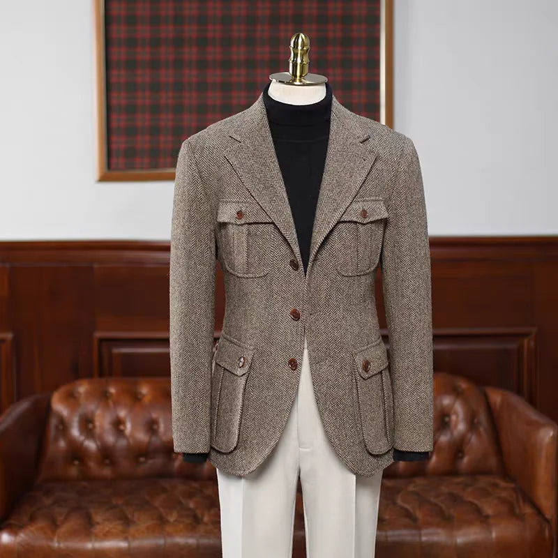 Men's Brown Herringbone Tweed Blazer Notch Lapel Single Breasted Jacket Business Wedding Prom Tuxedo Jacket Spring Autumn Top