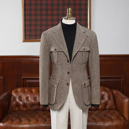 Men's Brown Herringbone Tweed Blazer Notch Lapel Single Breasted Jacket Business Wedding Prom Tuxedo Jacket Spring Autumn Top