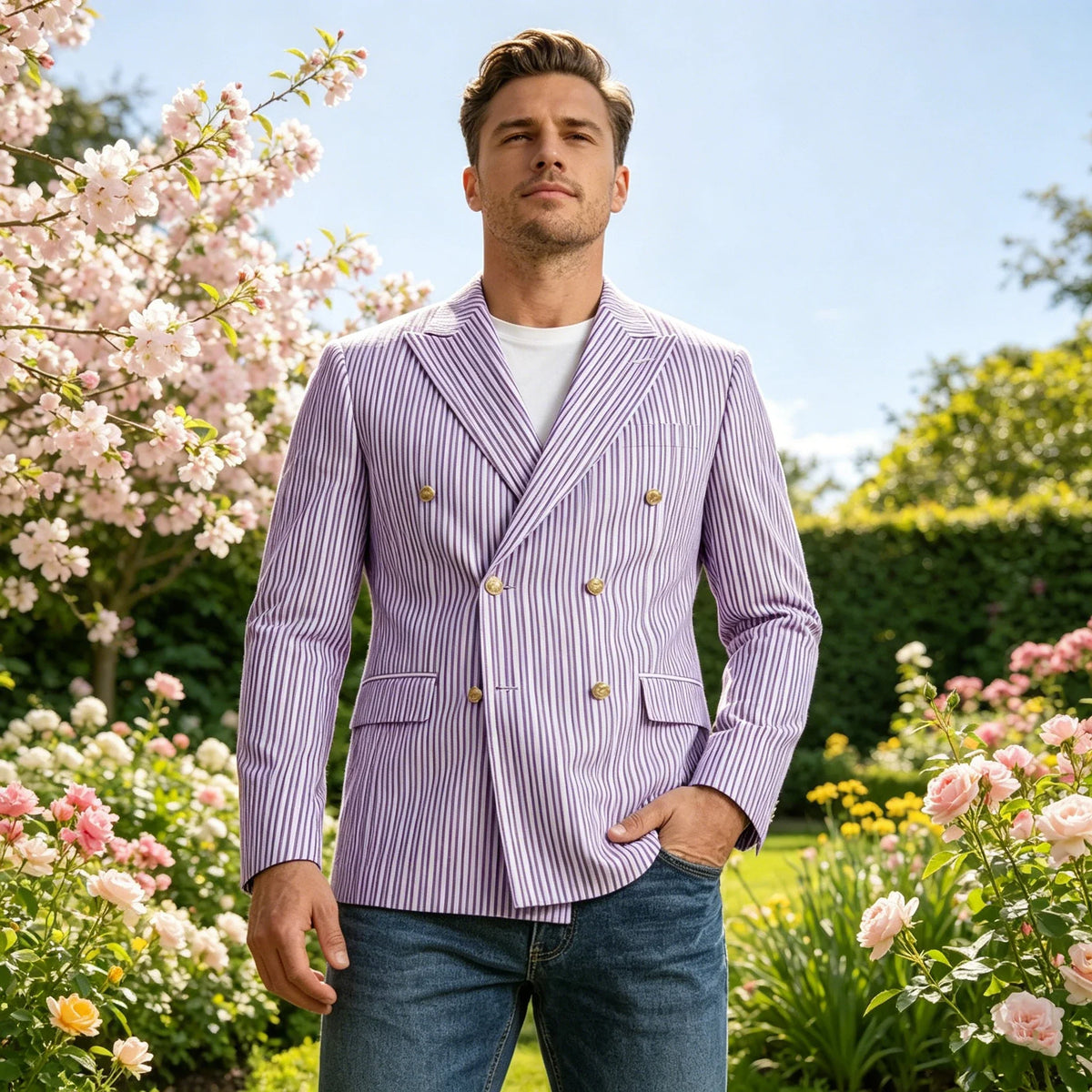 Vintage Men's Striped Double Breasted Blazer Casual Business Suit Jacket Lightweight Notched Lapel Sport Coat Wedding Party Wear