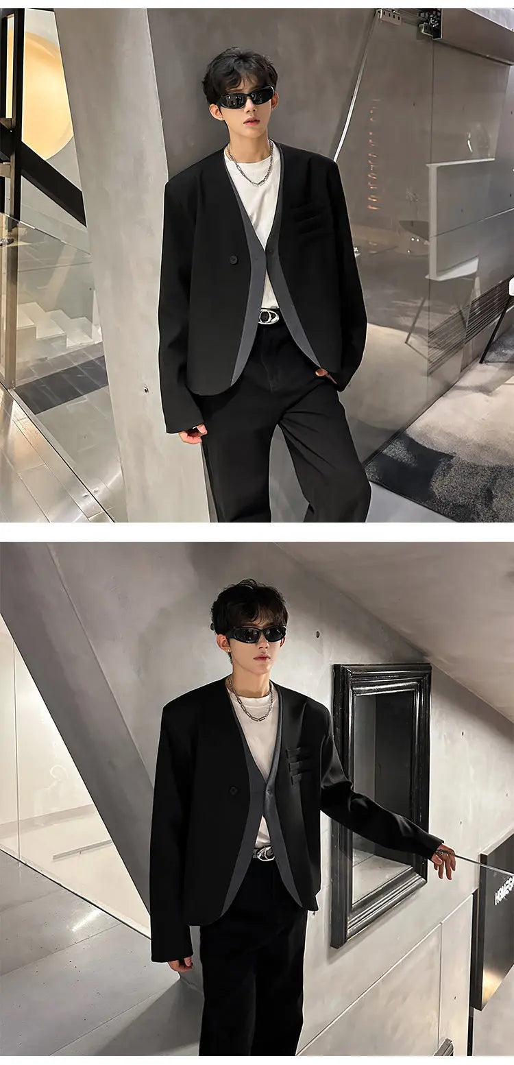 Color Contrast Fake Two Piece Design Handsome Korean Blazer Jacket Men Stylish Elegant V Neck Casual Male Clothes JY5226