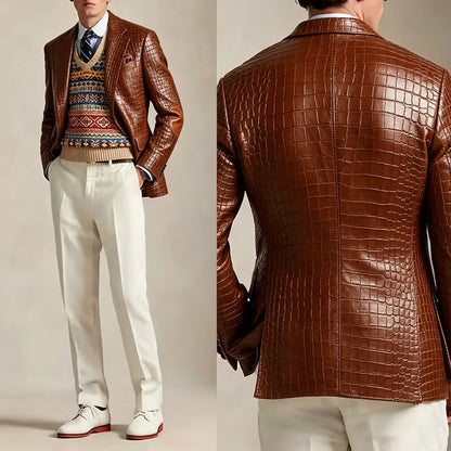 Men's Crocodile Embossed Leather Brown Jacket Patchwork Lapel Collar Slim Fit Luxury PU Blazer For Business Casual Party