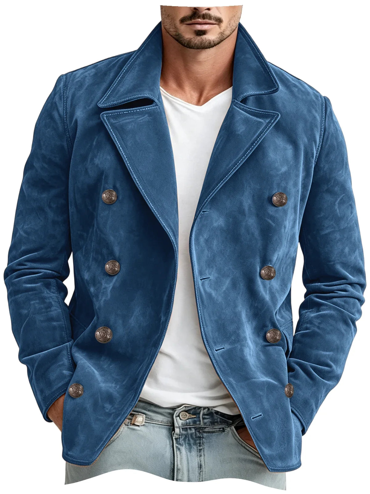 Men Faux Suede Jacket Double Breasted Lapel Collar Casual Blazer Vintage Comfort Business Office Autumn Winter Fashion Male Coat