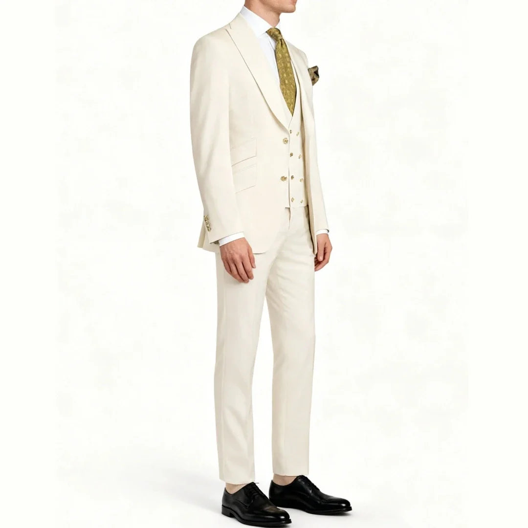  Men Suit 3 Pieces Beige With Lapel Solid For Business Banquet Wedding Groom Daily Tuxedo Office Suit Jacket Vest With Pants