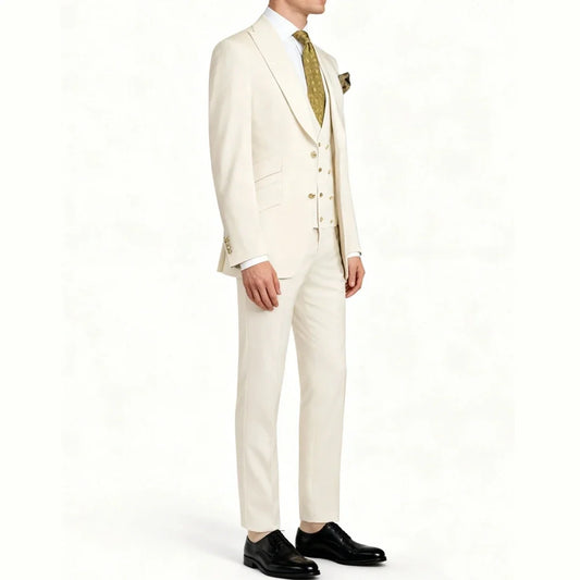  Men Suit 3 Pieces Beige With Lapel Solid For Business Banquet Wedding Groom Daily Tuxedo Office Suit Jacket Vest With Pants