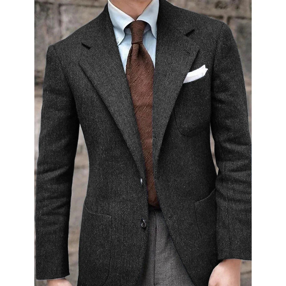 Men's Herringbone Suit Jacket Single-Breasted Slim Fit Casual Fashion Comfortable Elegant Blazer for Party Business Formal Wear
