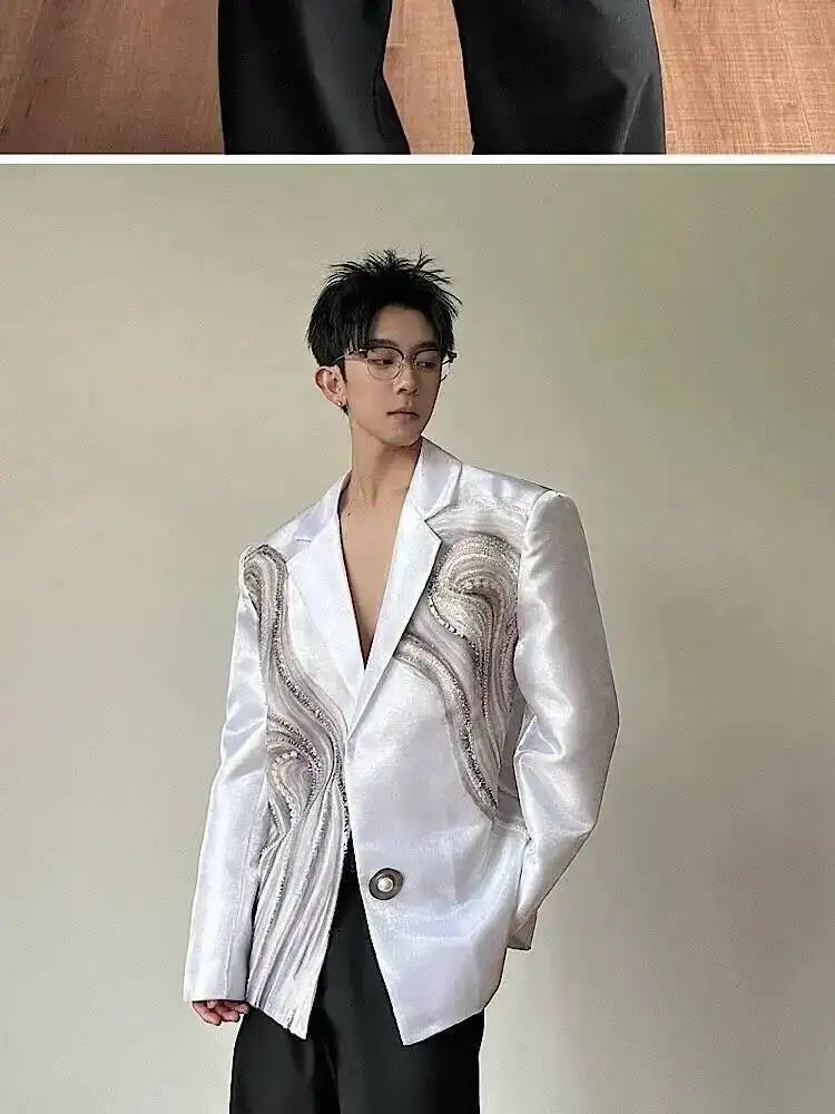 2026 New Original Luxury Temperament Sequin Gauze Patchwork Design Blazer Coat Men Elegant Handsome Casual Jacket JY7013