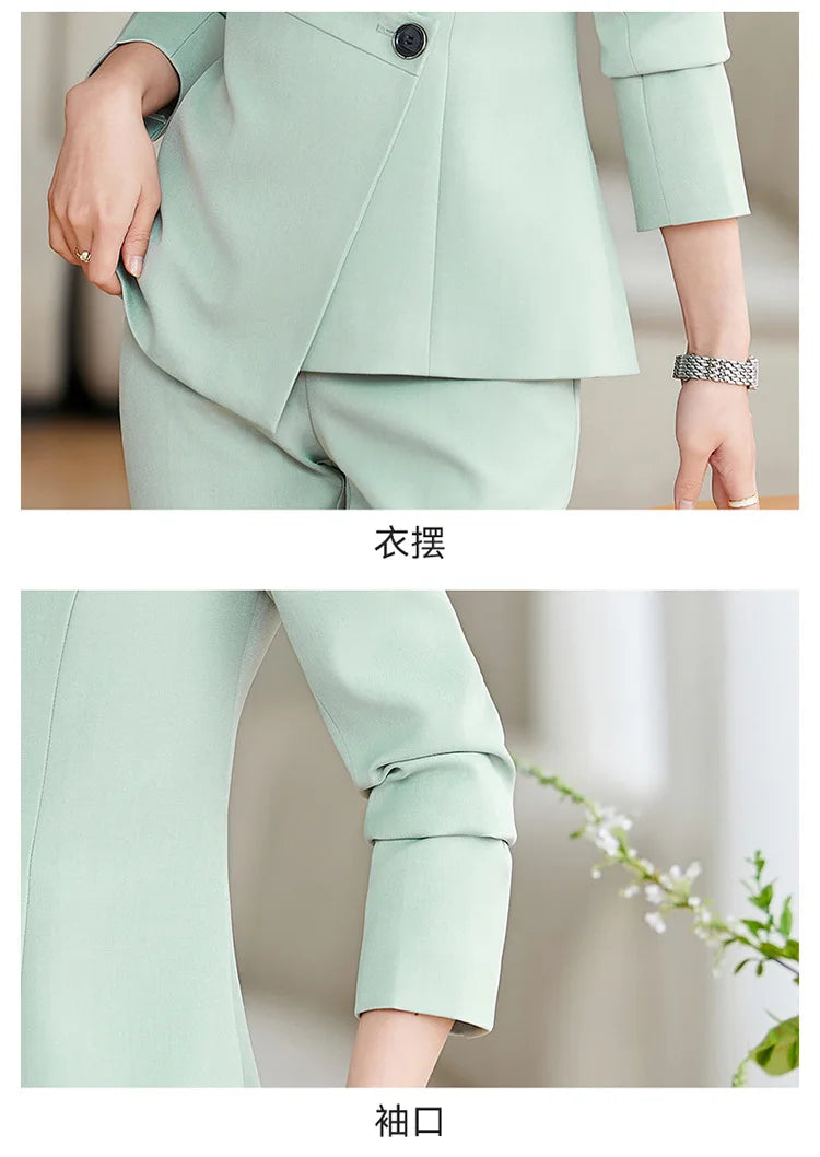 Elegant Green Apricot Black Ladies Pant Suit Women Female Business Work Wear Jacket and Trouser Blazer 2 Piece Set