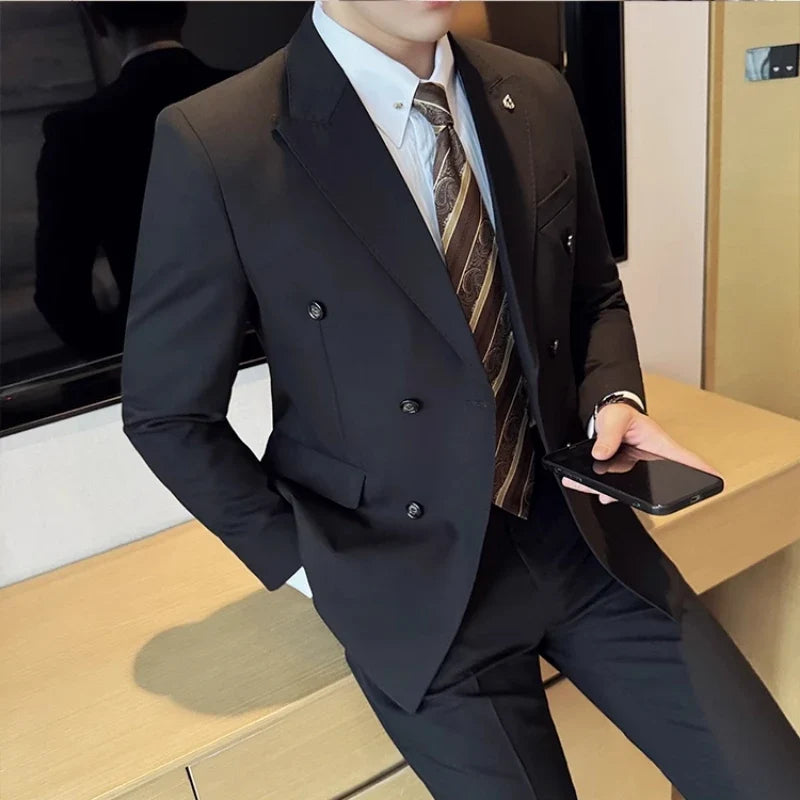 Men's Double Breasted Slim Fit Suit Set – Wedding & Smart Casual – Navy Blue, Brown, Black