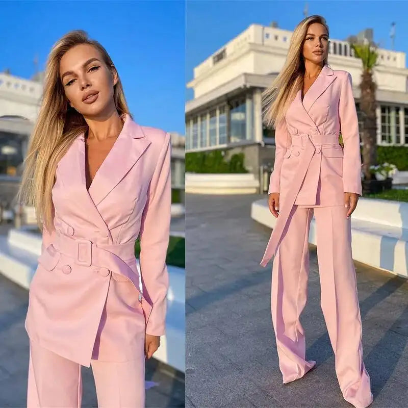 Ladies Pink Suits 2 Pieces Business Women Pants Belt Blazer Plus Size Formal Party Office Outfit Customized Wedding Gues