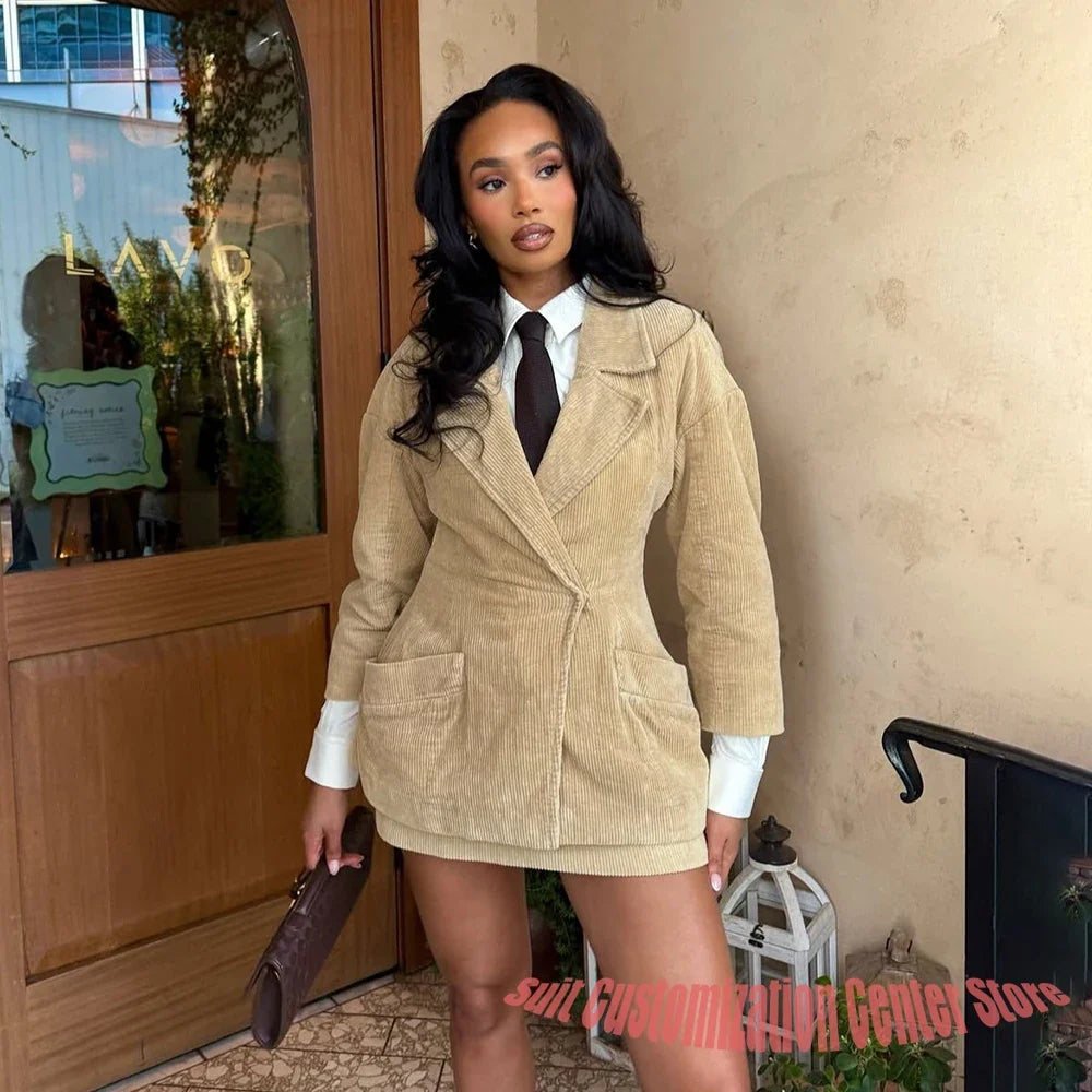 Beige Women's Corduroy Jacket & Mini Skirt Set 2Piece Suit Smart-Casual Streetwear Daily Business Office Lady Outerwears