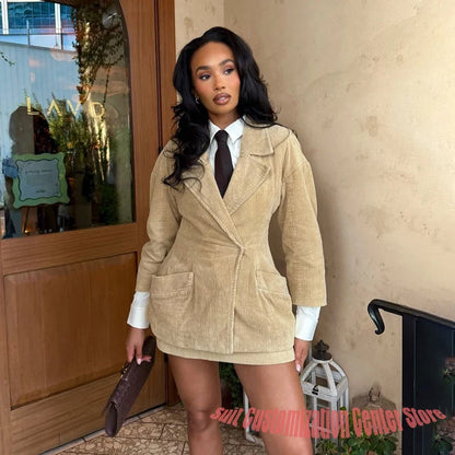 Beige Women's Corduroy Jacket & Mini Skirt Set 2Piece Suit Smart-Casual Streetwear Daily Business Office Lady Outerwears
