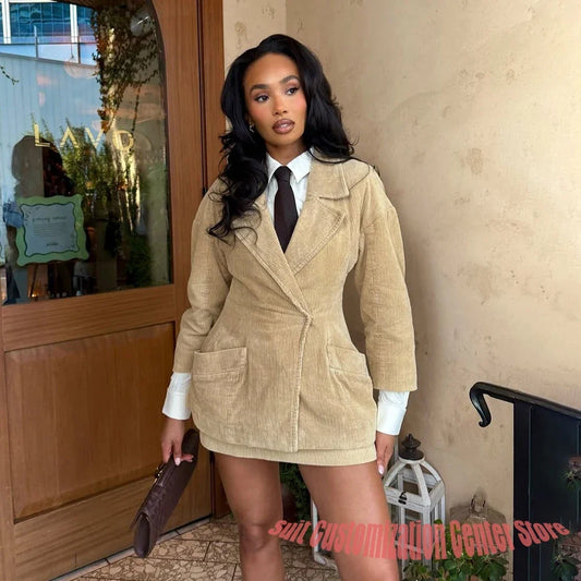Beige Women's Corduroy Jacket & Mini Skirt Set 2Piece Suit Smart-Casual Streetwear Daily Business Office Lady Outerwears