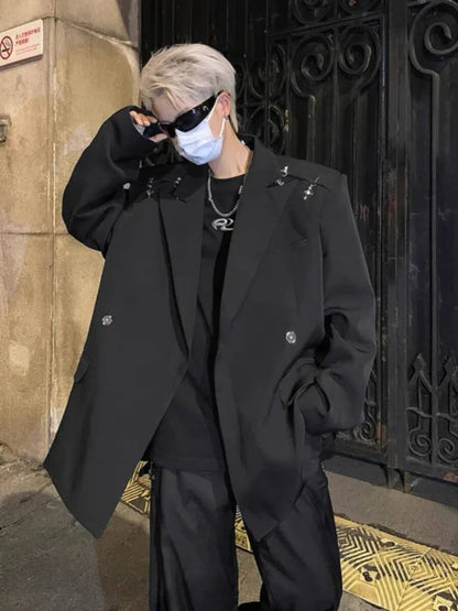 Men's Premium Korean Style Single-Breasted Casual Blazer Set Autumn Trendy Split-Design Loose Fit Elegant Jacket Outerwear