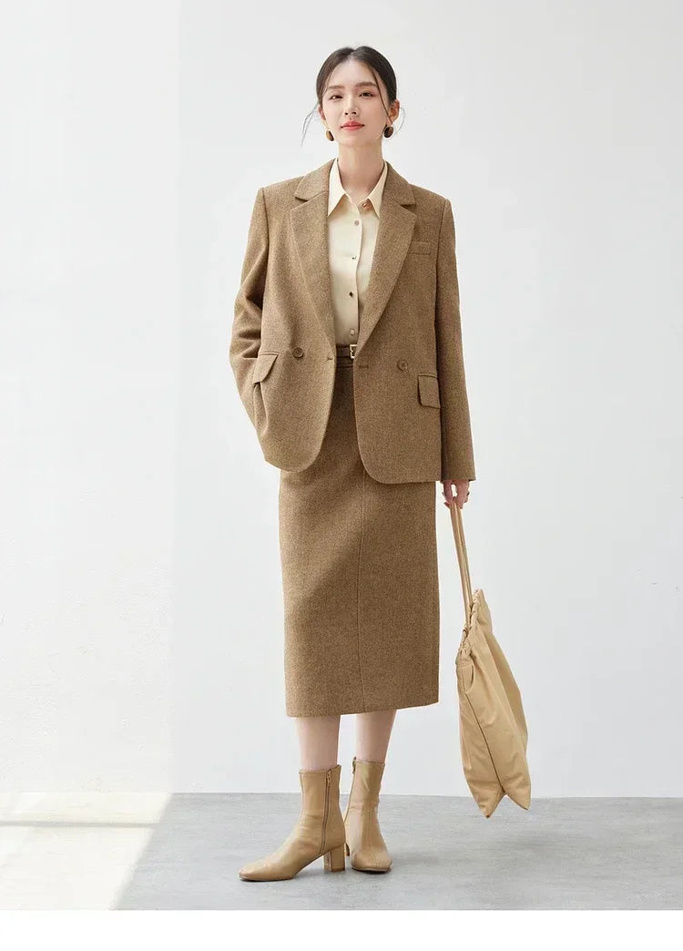 Wool Blend Tailored Blazer Coat Women Winter Straight Jacket 2026 England Style Fashion Female Outerwear 144X57016