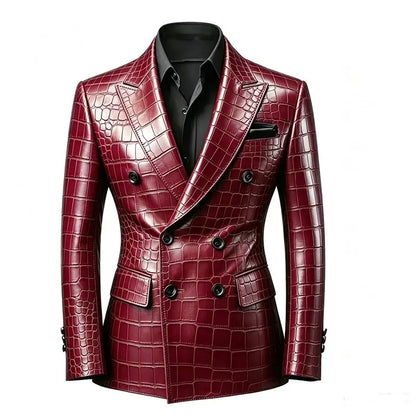 Men's Crocodile Embossed Leather Blazer Jacket Slim Fit Double Breasted Formal Suit Coat for Business Office Wrok Banquet Party