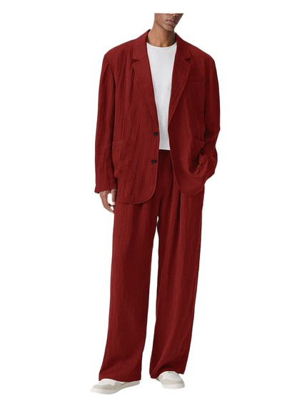 Men's Linen Blend Wrinkled Two Piece Suit Loose Two Button Blazer Wide Leg Trousers Casual Vacation Daily Soft Breathable Outfit