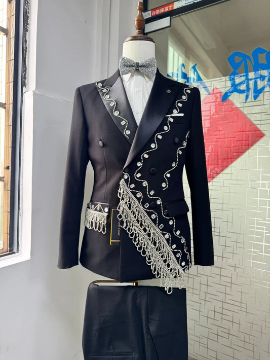 Formal Men's Luxury Crystal Suit Set 2 Pieces Jackt Pants Wedding Groom Sets Double Breasted Slim Fit Tuxedo Host Costumes