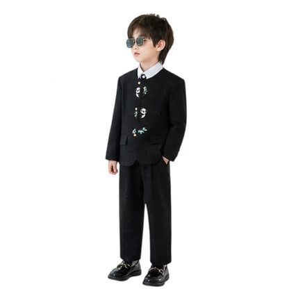90-160 Kids New Chinese Tang Suit Hanfu Embroidery Suit Flower Boys Host Recitation Performance Costume