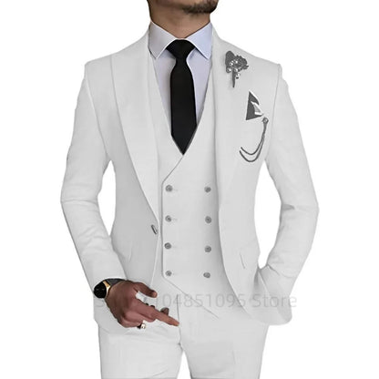 3 Piece Men's Wedding Dress Suits Slim Fit Peak Lapel Blazer+Vest+Pants Groom Tuxedos for Party Formal Suit Elegant Men Clothes