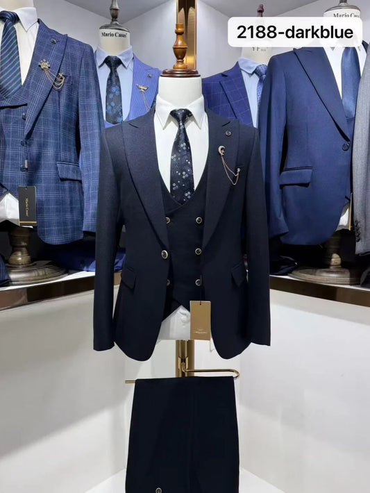 Dark Blue Men's Formal Suit Set 3 Pieces Business Office Wear Classy Peak Lapel Tuxedo Wedding Guest Clothes Fashion Suits