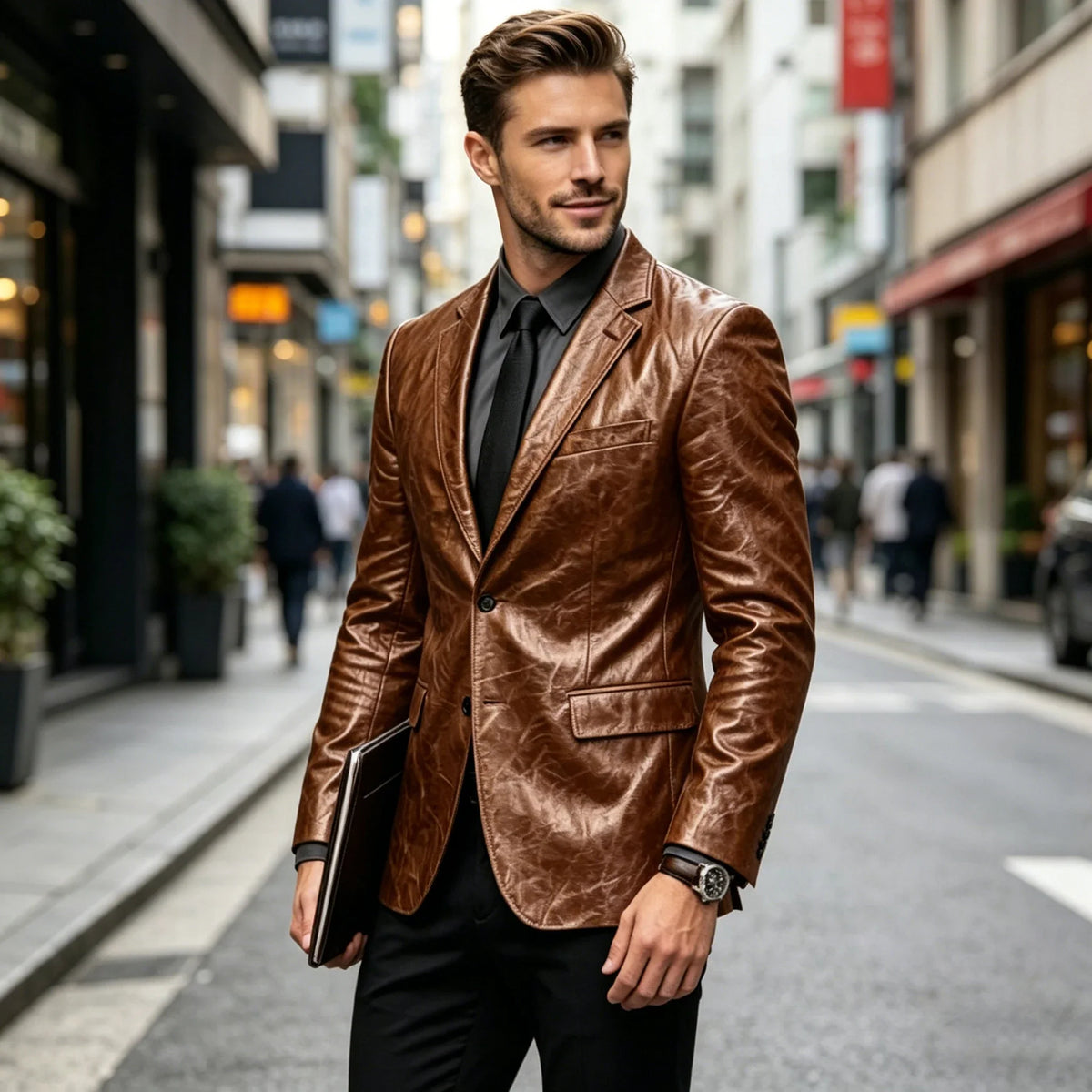 Vintage Wrinkled Men's PU Leather Blazer Slim Fit Notched Lapel Business Suit Jacket Two Button Casual Sport Coats for Office