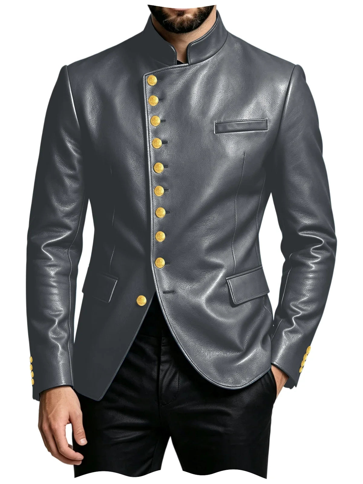Luxury PU Men's Suit Blazer Single Breasted Stand Collar Slim Fit Leather Jacket Vintage High Quality Business Party Male Tuxedo