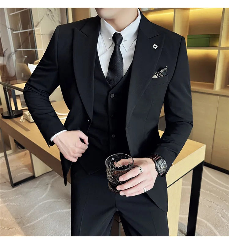 Men's 3 Piece Suit Set Double‑Button Solid Color Slim Fit Business Casual Wedding Banquet Party Jacket Vest Pants Formal Outfit